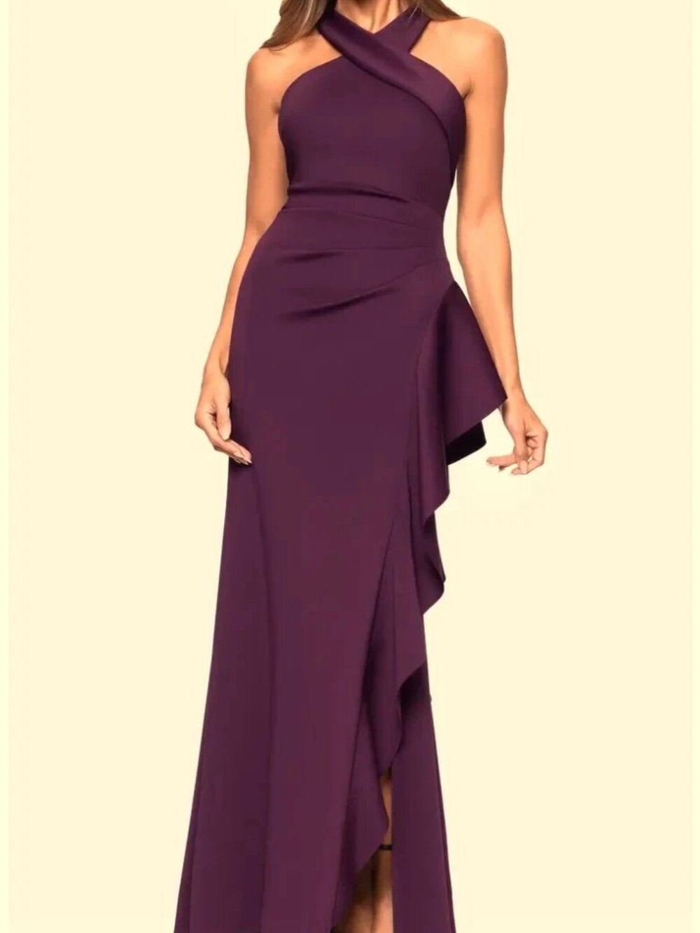 Xscape Plum Purple Ruffle Crisscross Halter Scuba Crepe Gown
